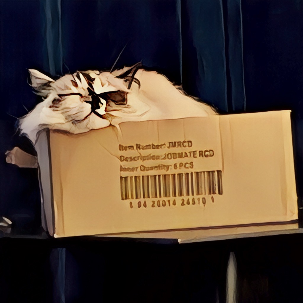 Sleepy ragdoll cat laying in a rectangular cardboard box, her head resting on the edge; brushstrokes AI filter